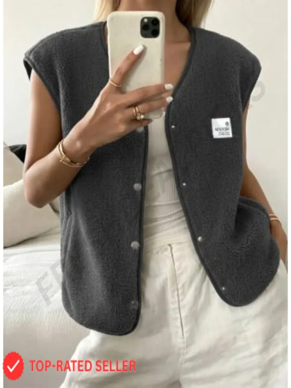 Women's Sherpa Fleece Vest Snap Button Sleeveless with Pockets